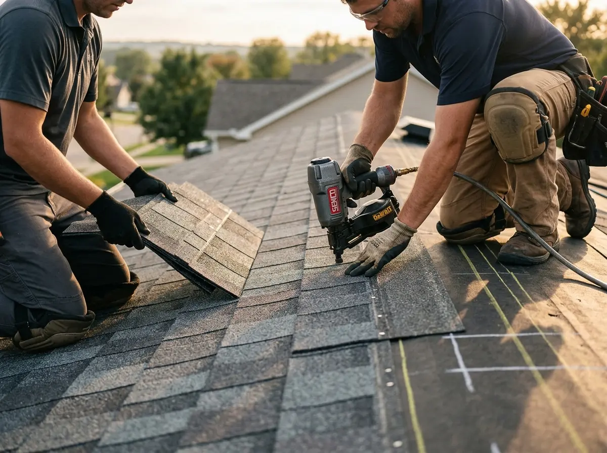 Professional roofer working on a residential roof in White Hall